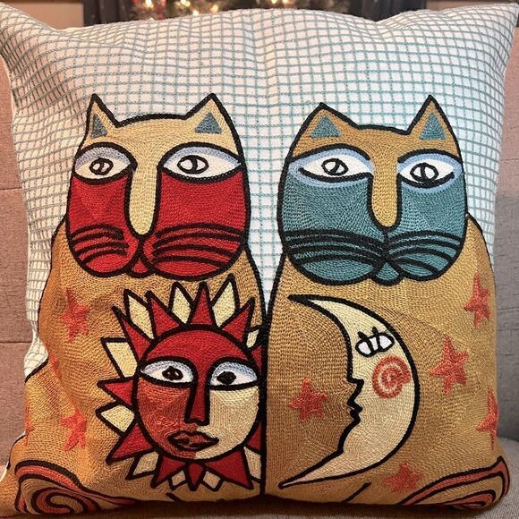 Abstract Cat Sun & Moon Embroidered Pillow Cover 18x18 - Picture 1 of 2